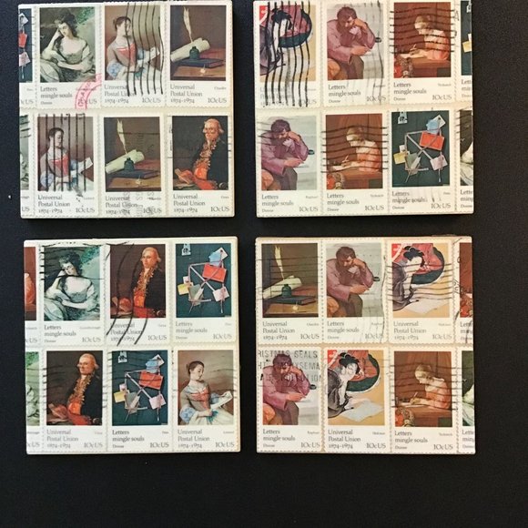 Art Coasters, 4 pack, Real Postage Stamp Wood Coaster Set with Cork Backing - Picture 3 of 10